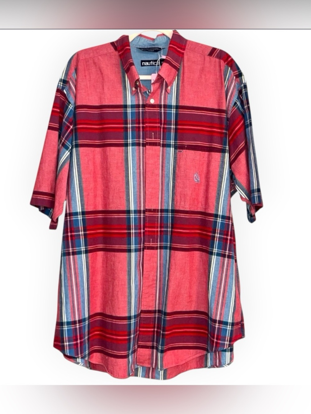 Vintage Nautica Plaid Button Up Shirt XL Red Blue 100% Cotton Oversized